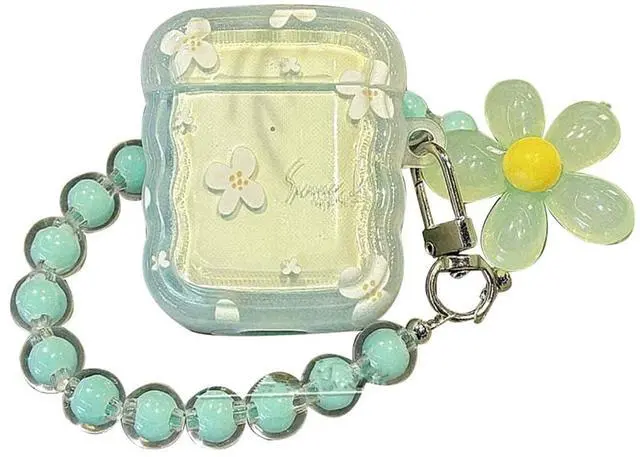 Main image of Cute Case for Airpods 4 Lovely Charm, Curly Wave Green Flower | Girls Kawaii Cover, for Airpods 4th Generation, Girly Floral Keychain, Aesthetic Design, Woman Elegant Case