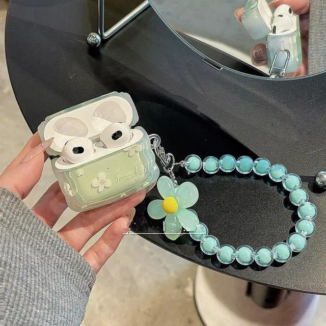 Alt view image 2 of 6 - Cute Case for Airpods Pro 3 Lovely Charm, Curly Wave Green Flower | Girls Kawaii Cover, for Airpods Pro 3th Generation, Girly Floral Keychain, Aesthetic Design, Woman Elegant Case