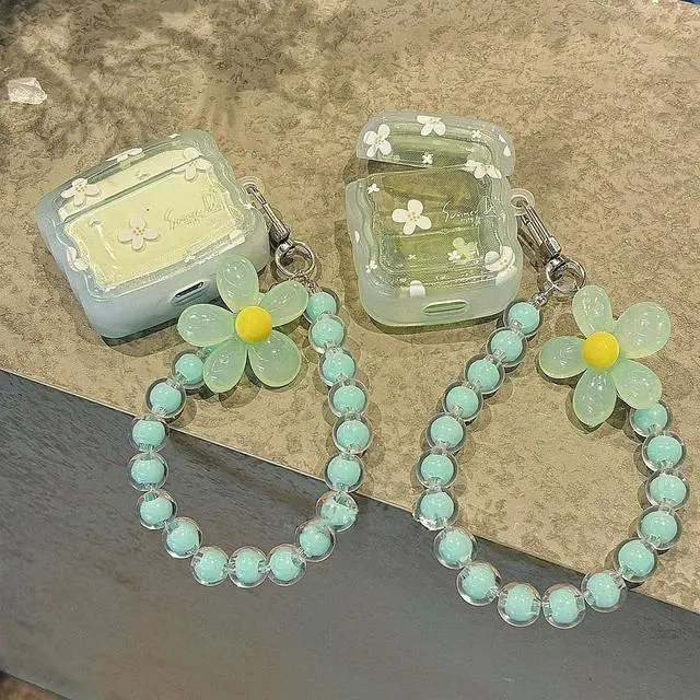 Alt view image 3 of 6 - Cute Case for Airpods Pro 3 Lovely Charm, Curly Wave Green Flower | Girls Kawaii Cover, for Airpods Pro 3th Generation, Girly Floral Keychain, Aesthetic Design, Woman Elegant Case
