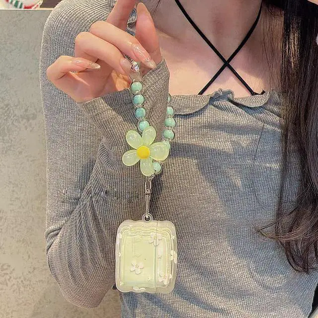 Alt view image 5 of 6 - Cute Case for Airpods Pro 3 Lovely Charm, Curly Wave Green Flower | Girls Kawaii Cover, for Airpods Pro 3th Generation, Girly Floral Keychain, Aesthetic Design, Woman Elegant Case