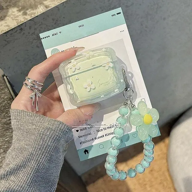 Alt view image 6 of 6 - Cute Case for Airpods Pro 3 Lovely Charm, Curly Wave Green Flower | Girls Kawaii Cover, for Airpods Pro 3th Generation, Girly Floral Keychain, Aesthetic Design, Woman Elegant Case