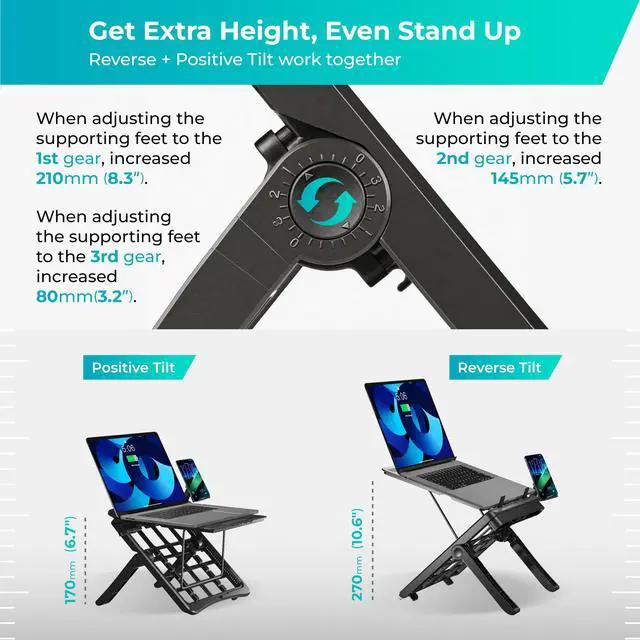 Alt view image 5 of 6 - Adjustable Laptop Stand for Desk, Ergonomic Riser for 10-17" Lap | ABS 4-in-1 sit-stand riser with phone holder. Fits Mac/Dell/HP. Great for students & workers.For office, dorm, travel, gaming