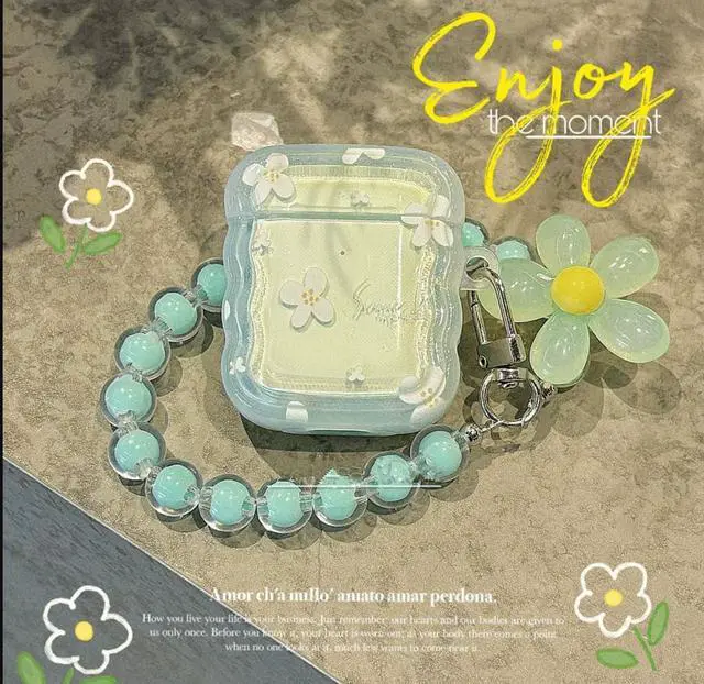 Alt view image 7 of 7 - Cute Case for Airpods 4 Lovely Charm, Curly Wave Green Flower | Girls Kawaii Cover, for Airpods 4th Generation, Girly Floral Keychain, Aesthetic Design, Woman Elegant Case