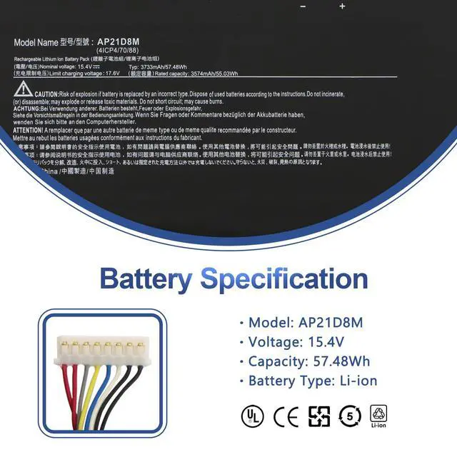 Alt view image 2 of 7 - AP21D8M Laptop Battery Replacement for Acer Nitro 5 AN515-46 AN515-47 | AN515-58 AN515-58-56CL, Nitro 16 AN16-51, Nitro V 15 ANV15-51 Series 15.4V 57.48Wh 3733mAh