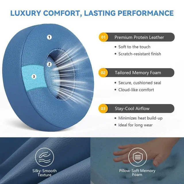 Alt view image 2 of 7 - Replacement Ear Pads for Beats Solo 4 Wireless Headphones-Blue | Soft Protein Leather Memory Foam Ear Cushions with Strong Adhesive Backing, Comfortable Fit for Long Listening Sessions