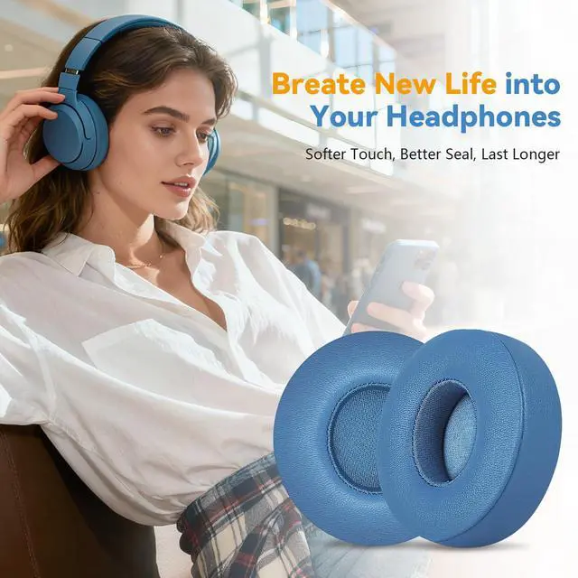 Alt view image 7 of 7 - Replacement Ear Pads for Beats Solo 4 Wireless Headphones-Blue | Soft Protein Leather Memory Foam Ear Cushions with Strong Adhesive Backing, Comfortable Fit for Long Listening Sessions