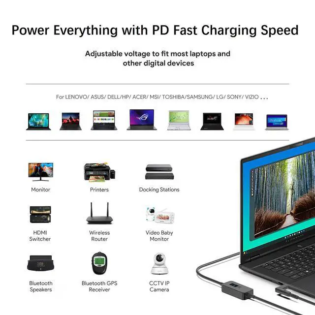 Alt view image 4 of 7 - 7Ft USB C to DC Adapter with Adjustable Output 5V-9V-12V-15V-20V-28V PD Fast Charging Cable Universal Charger 15PCS Connecor Tips DC Cable Kit Fit for Laptop Chromebook Phone Speaker USB Hub