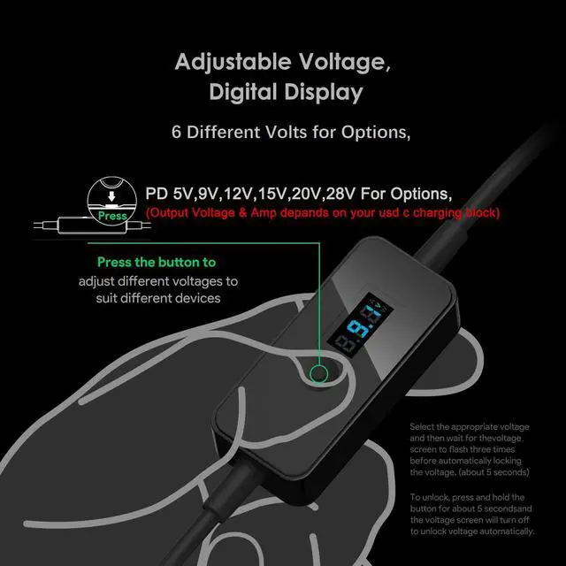 Alt view image 2 of 7 - 7Ft USB C to DC Adapter with Adjustable Output 5V-9V-12V-15V-20V-28V PD Fast Charging Cable Universal Charger 15PCS Connecor Tips DC Cable Kit Fit for Laptop Chromebook Phone Speaker USB Hub