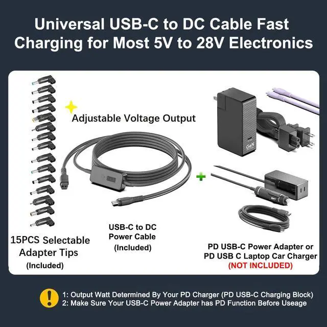 Alt view image 6 of 7 - 7Ft USB C to DC Adapter with Adjustable Output 5V-9V-12V-15V-20V-28V PD Fast Charging Cable Universal Charger 15PCS Connecor Tips DC Cable Kit Fit for Laptop Chromebook Phone Speaker USB Hub