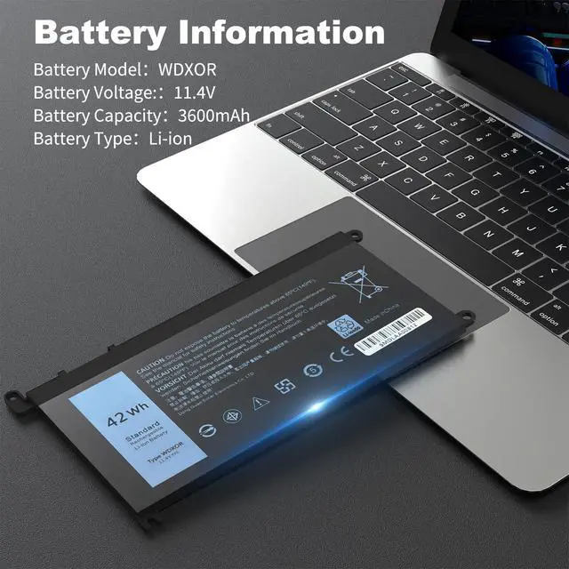 Alt view image 2 of 6 - WDX0R 42Wh Laptop Battery 11.4v Replacement for Dell Inspiron 13 15 17 | 7378 5567 5378 7579 5578 5579 7569 5565 5570 5765 7570 5379 7573 7560 7375 5568 5775 5368, P69G P69G001 FC92N CYMGM