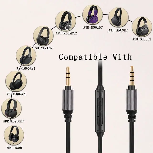 Alt view image 4 of 6 - WH-1000XM5 Audio Cable Compatible with Sony WH-1000XM4/XM3 MDR-1AM2 Technica ATH-M50xBT ATH-ANC7B Headphones,in-line mic Control Extension Aux Cord 4.9ft w/mic