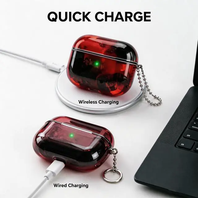 Alt view image 5 of 6 - for AirPods Pro 3 Case Quicksand Liquid Glow Sand Case Luxury Glow in The Darkness Noctiluncent Liquid Luminous Protective Cover with Keychain for Men and Women, Black Red