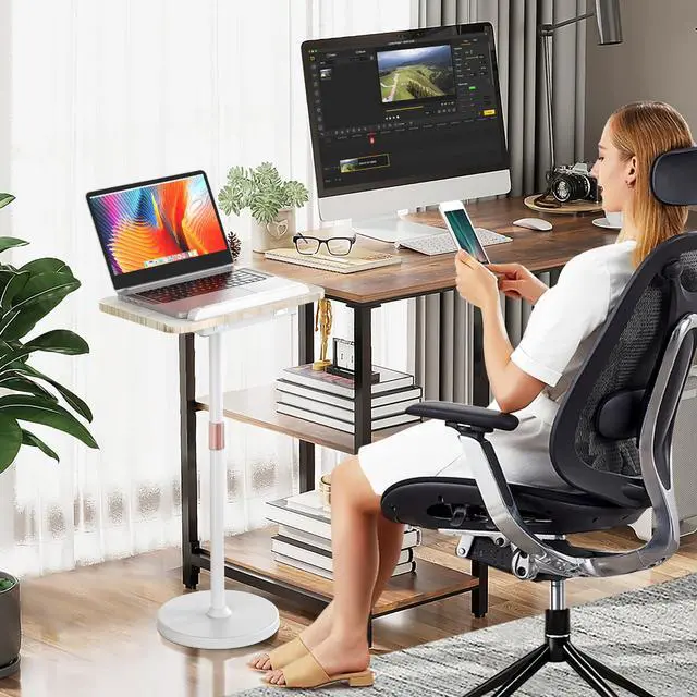 Alt view image 2 of 6 - 2 in 1 Portable Laptop Floor Stand & Laptop Stand for Desk, Small Adjustable Table with Height Adjustable from 16.5" to 51", Wooden Laptop Stand White for Home, Office, Meeting Room, Study