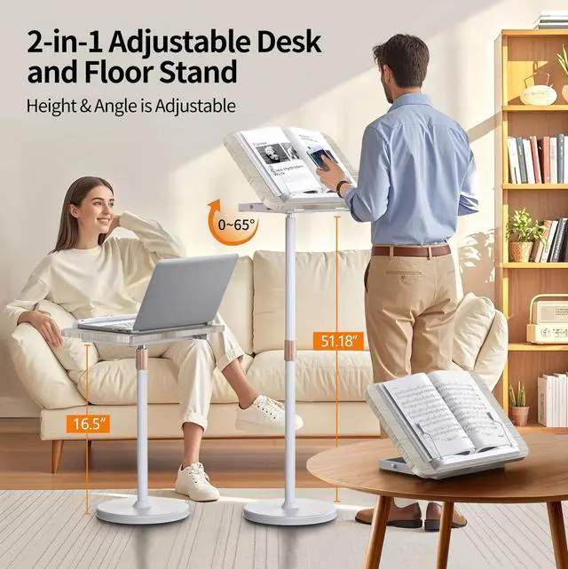 Alt view image 3 of 6 - 2 in 1 Portable Laptop Floor Stand & Laptop Stand for Desk, Small Adjustable Table with Height Adjustable from 16.5" to 51", Wooden Laptop Stand White for Home, Office, Meeting Room, Study