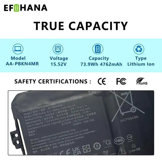 Alt view image 2 of 6 - AA-PBKN4MR Laptop Battery Replacement for Samsung Galaxy Book3 Book4 Pro 360 Serices Galaxy Book3 Pro NP960XFG NP960QFG NP964QFG NP964XFG Series BA43-00404A 4ICP5/65/86 15.52V 73.9Wh 4762mAh