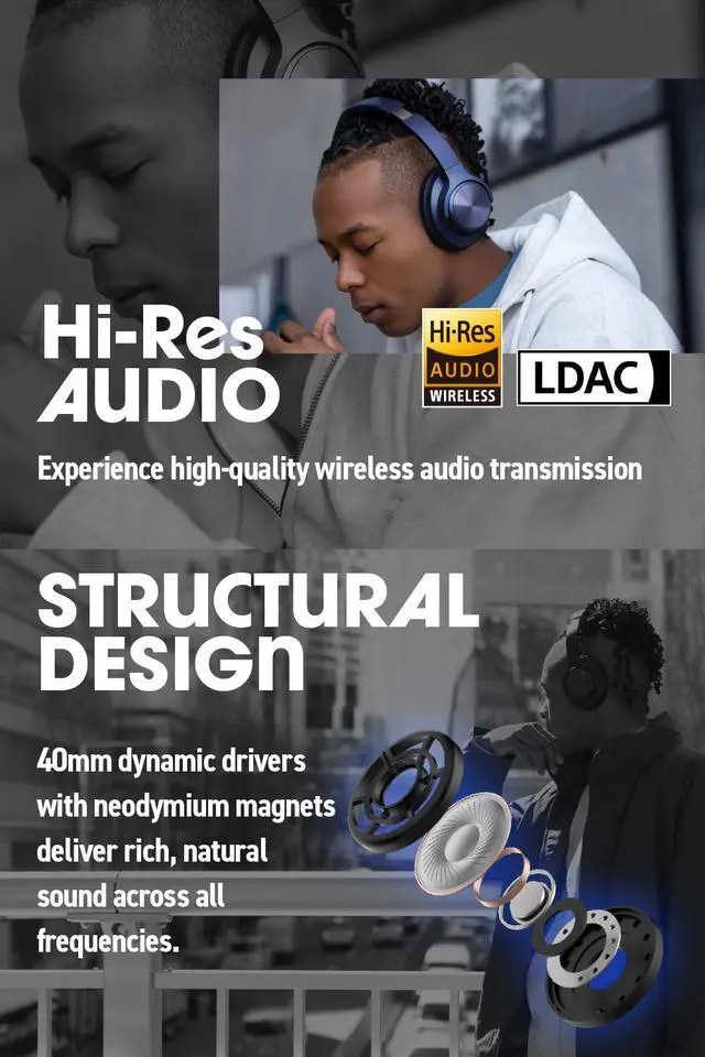 Alt view image 4 of 6 - WA-V1 High-Resolution Wireless Headphones with Adaptive Hybrid Noise Cancelling | Up to 120 Hours Playback | Superior Sound Quality and Comfort | Foldable Design (White)