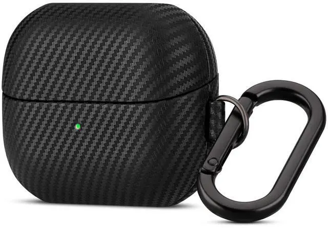 Main image of Leather Case - Samsung Galaxy Buds 3 Pro & 3 & 3 FE Case with Clip | Selected Skin-friendly Cowhide Leather, Carbon Fibre Texture, Handmade Drop Protective Hard Cover for Samsung Earbuds - Black