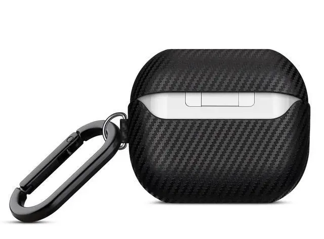 Alt view image 4 of 7 - Leather Case - Samsung Galaxy Buds 3 Pro & 3 & 3 FE Case with Clip | Selected Skin-friendly Cowhide Leather, Carbon Fibre Texture, Handmade Drop Protective Hard Cover for Samsung Earbuds - Black