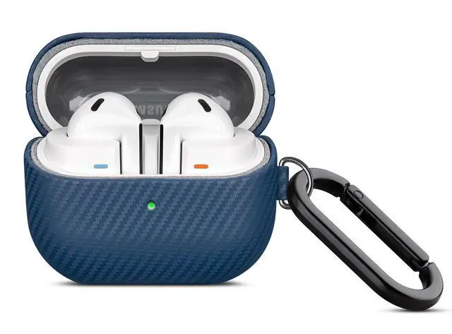 Alt view image 2 of 7 - Leather Case - Samsung Galaxy Buds 3 Pro & 3 & 3 FE Case with Clip | Selected Skin-friendly Cowhide Leather, Carbon Fibre Texture, Handmade Drop Protective Hard Cover for Samsung Earbuds - Blue