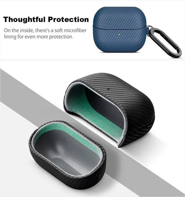 Alt view image 6 of 7 - Leather Case - Samsung Galaxy Buds 3 Pro & 3 & 3 FE Case with Clip | Selected Skin-friendly Cowhide Leather, Carbon Fibre Texture, Handmade Drop Protective Hard Cover for Samsung Earbuds - Blue