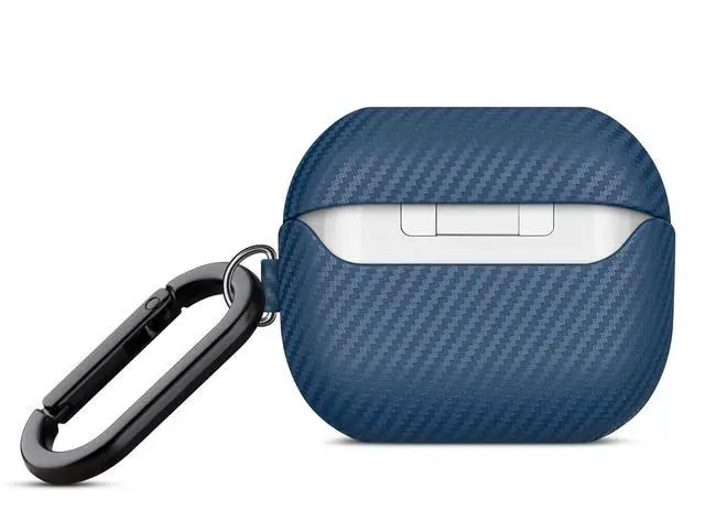 Alt view image 4 of 7 - Leather Case - Samsung Galaxy Buds 3 Pro & 3 & 3 FE Case with Clip | Selected Skin-friendly Cowhide Leather, Carbon Fibre Texture, Handmade Drop Protective Hard Cover for Samsung Earbuds - Blue