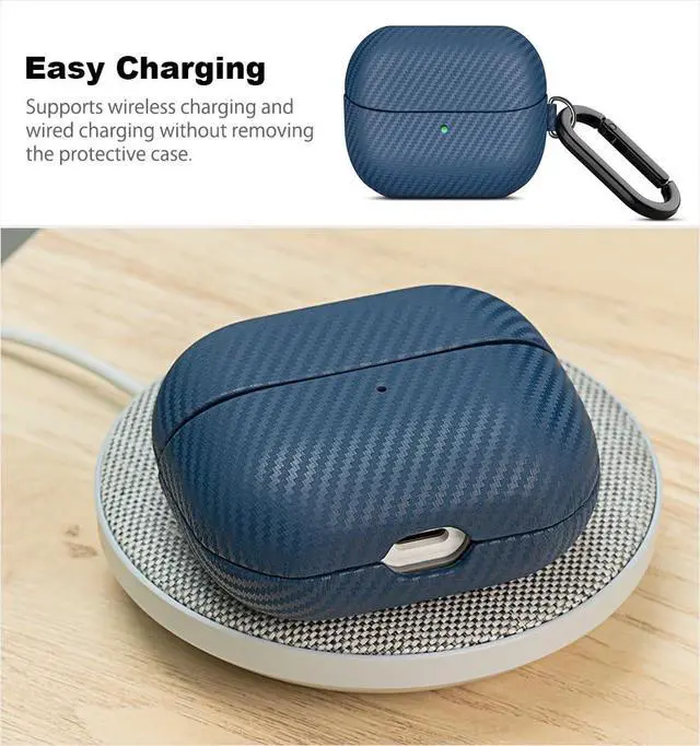 Alt view image 7 of 7 - Leather Case - Samsung Galaxy Buds 3 Pro & 3 & 3 FE Case with Clip | Selected Skin-friendly Cowhide Leather, Carbon Fibre Texture, Handmade Drop Protective Hard Cover for Samsung Earbuds - Blue