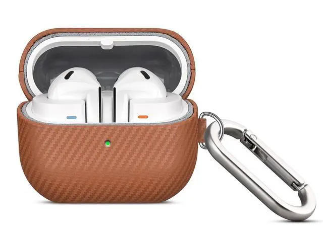Alt view image 2 of 7 - Leather Case - Samsung Galaxy Buds 3 Pro & 3 & 3 FE Case with Clip | Selected Skin-friendly Cowhide Leather, Carbon Fibre Texture, Handmade Drop Protective Hard Cover for Samsung Earbuds - Brown