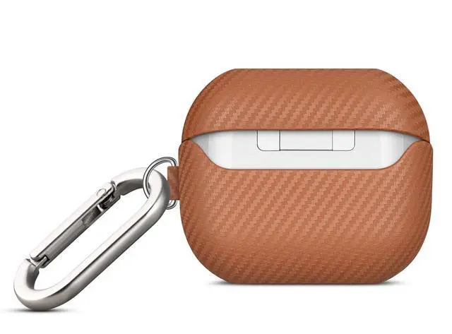 Alt view image 4 of 7 - Leather Case - Samsung Galaxy Buds 3 Pro & 3 & 3 FE Case with Clip | Selected Skin-friendly Cowhide Leather, Carbon Fibre Texture, Handmade Drop Protective Hard Cover for Samsung Earbuds - Brown