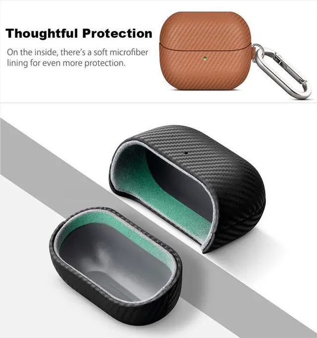 Alt view image 6 of 7 - Leather Case - Samsung Galaxy Buds 3 Pro & 3 & 3 FE Case with Clip | Selected Skin-friendly Cowhide Leather, Carbon Fibre Texture, Handmade Drop Protective Hard Cover for Samsung Earbuds - Brown