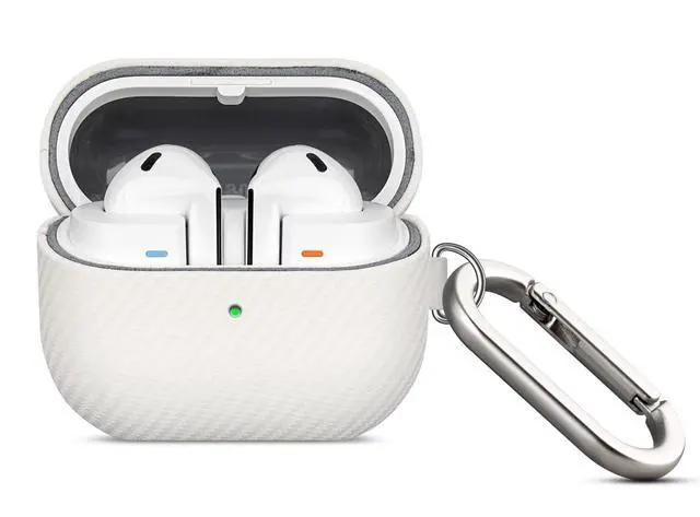 Alt view image 2 of 7 - Leather Case - Samsung Galaxy Buds 3 Pro & 3 & 3 FE Case with Clip | Selected Skin-friendly Cowhide Leather, Carbon Fibre Texture, Handmade Drop Protective Hard Cover for Samsung Earbuds - White