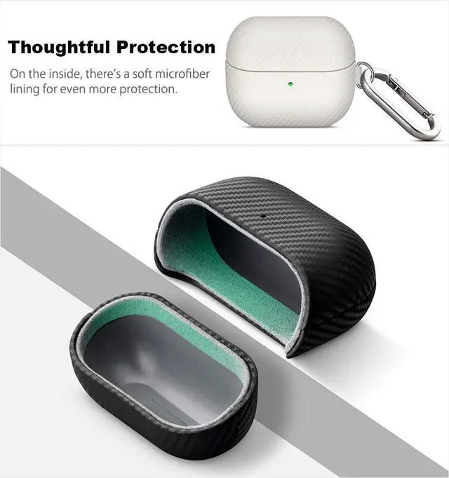 Alt view image 6 of 7 - Leather Case - Samsung Galaxy Buds 3 Pro & 3 & 3 FE Case with Clip | Selected Skin-friendly Cowhide Leather, Carbon Fibre Texture, Handmade Drop Protective Hard Cover for Samsung Earbuds - White