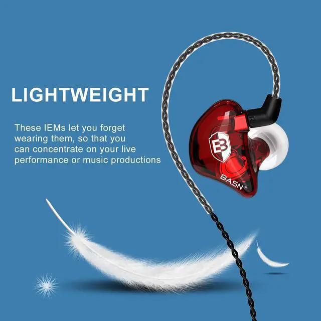 Alt view image 3 of 6 - Bsinger BC100 in Ear Monitor Headphones Universal Fit Noise Isolating IEM Earphones for Musicians Singers Studio Audiophiles (Red)