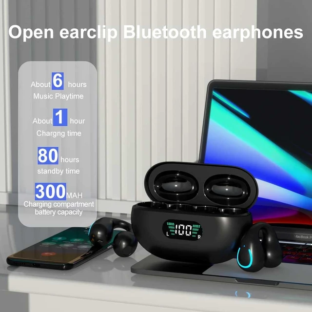 Alt view image 3 of 6 - Clip-On Open Ear Headphones Wireless Bluetooth 5.3 Earbuds with Earhooks 80 Hours Playtime with Charging Case,IPX4 Waterproof Earphones for Running, Walking, Workout(Black)