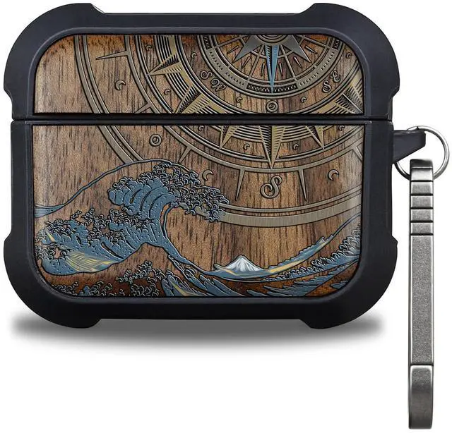 Main image of Walnut Solid Wood for AirPods Pro 3 Case (2025), Compass and Wave | AirPods Pro Case 3rd Generation, Titanium metal Quick Released Keychain, Compatible with Wireless Charging, Hand-Drawn Style