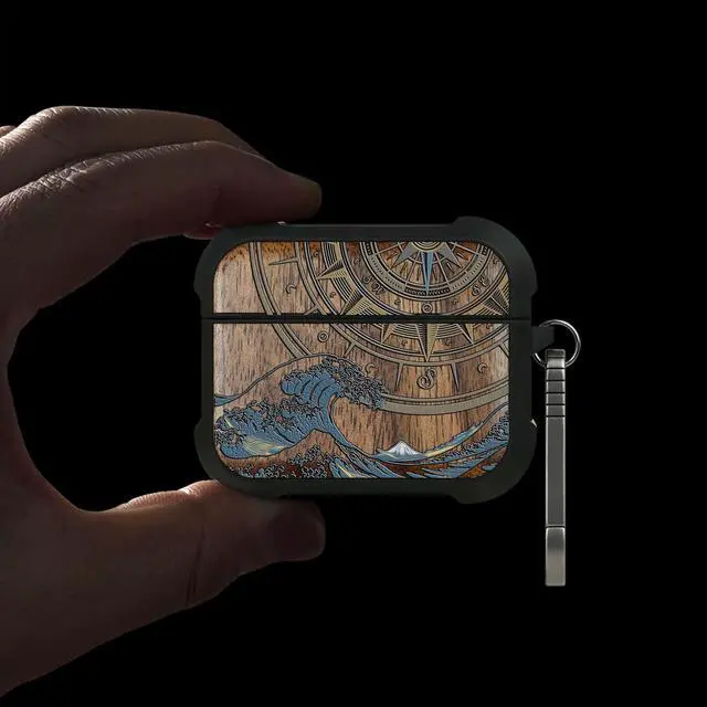 Alt view image 2 of 6 - Walnut Solid Wood for AirPods Pro 3 Case (2025), Compass and Wave | AirPods Pro Case 3rd Generation, Titanium metal Quick Released Keychain, Compatible with Wireless Charging, Hand-Drawn Style
