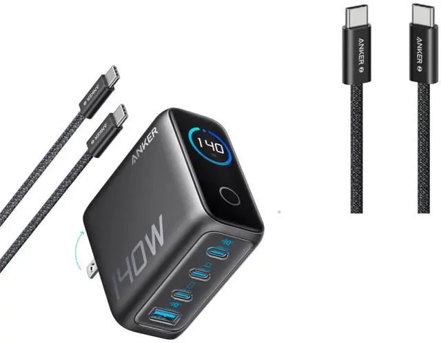 Main image of Zolo USB C Cable, Braided and Dirt-Free Type C Fast Charging Cable, Slim Connector, for iPhone 16 Series, MacBook (240W) (Black, 3ft)&140W USB-C Charger, Laptop Charger, 4-Port Mu