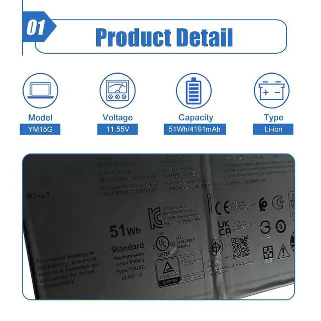 Alt view image 2 of 6 - YM15G Laptop Battery 51Wh Compatible with Dell XPS 13 9315 Series (Not for 9315 2-in-1) 9315-P1708LTW 9315-D1705S 9315-C0NNP 9315-WP01KR 0W6D4H W6D4H 0G9FHC G9FHC 11.55V 4191mAh