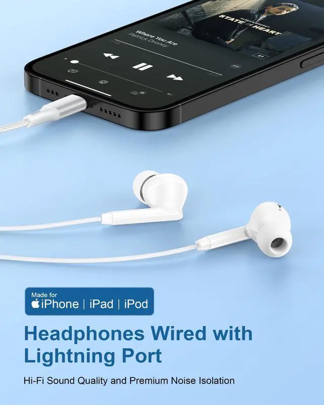 Alt view image 2 of 7 - Lightning Headphones for iPhone 14/13/12 Pro Max, Wired Earbuds Lightning | Apple MFi Certified Earbuds with Microphone & Volume Control, HiFi Stereo Earphones Wired Compatible with iPhone 11 XR SE 8