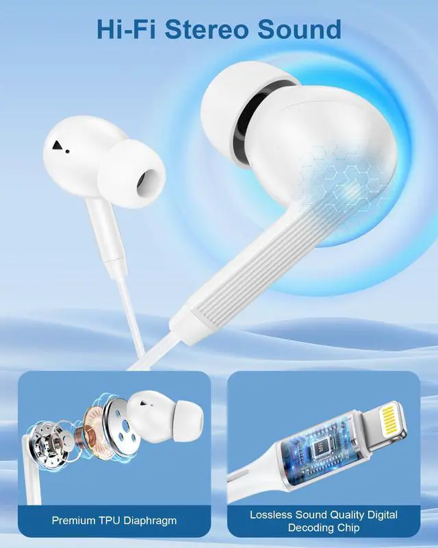 Alt view image 3 of 7 - Lightning Headphones for iPhone 14/13/12 Pro Max, Wired Earbuds Lightning | Apple MFi Certified Earbuds with Microphone & Volume Control, HiFi Stereo Earphones Wired Compatible with iPhone 11 XR SE 8