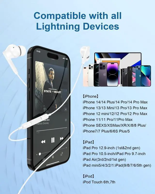 Alt view image 7 of 7 - Lightning Headphones for iPhone 14/13/12 Pro Max, Wired Earbuds Lightning | Apple MFi Certified Earbuds with Microphone & Volume Control, HiFi Stereo Earphones Wired Compatible with iPhone 11 XR SE 8