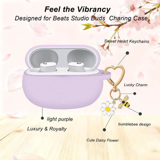 Alt view image 4 of 6 - for Beats Studio Buds Case/Studio Buds Plus Case Cover with Cute Bee Daisy Flower Charm Keychain,Soft Silicone Cover Protective for Beats Studio Buds+ Earbuds Charging Case Purple