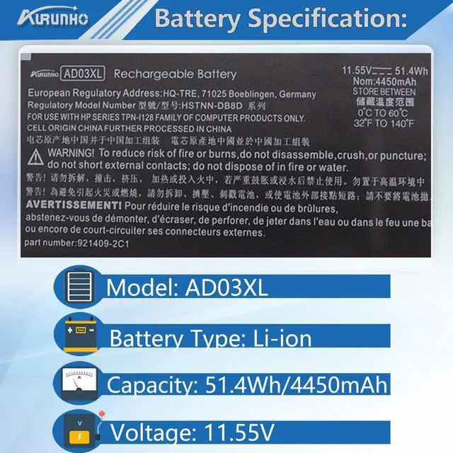 Alt view image 2 of 6 - AD03XL Laptop Battery Replacement for HP Envy 13-AD 13-AD000 13-AD100 13-AD1XX 13-AD002NG 13-AD101TX 13-AD104TX 13-AD109TX 13-AD012NA Series 921439-855 921409-2C1 921409-271 51.4Wh