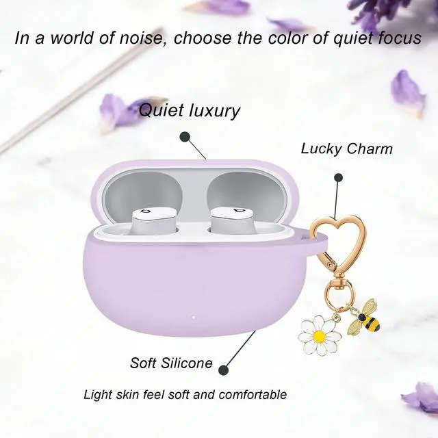 Alt view image 5 of 6 - for Beats Studio Buds Case/Studio Buds Plus Case Cover with Cute Bee Daisy Flower Charm Keychain,Soft Silicone Cover Protective for Beats Studio Buds+ Earbuds Charging Case Purple