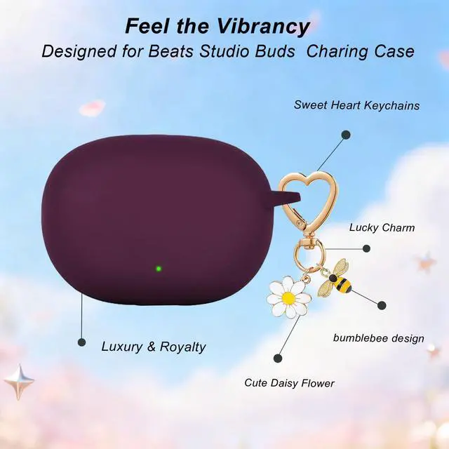 Alt view image 4 of 6 - for Beats Studio Buds Case/Studio Buds Plus Case Cover with Cute Bee Daisy Flower Charm Keychain,Soft Silicone Cover Protective for Beats Studio Buds+ Charging Case Dark Purple