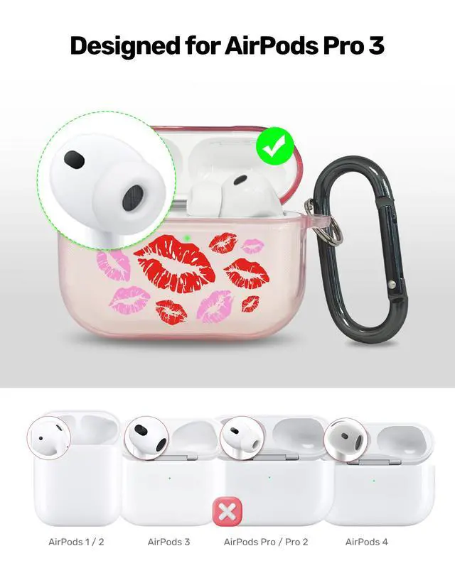 Alt view image 3 of 6 - for AirPods Pro 3 Case Cover with Art Skin, Cute TPU AirPods Case with Keychain Hook, Semi-Transparent Decorative Case for Women, Red Lips, Clear Pink
