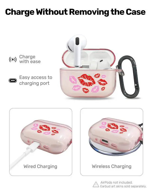 Alt view image 4 of 6 - for AirPods 4 Case Cover with Art Skin, Cute TPU AirPods Case with Keychain Hook, Semi-Transparent Decorative Case for Women, Red Lips, Clear Pink