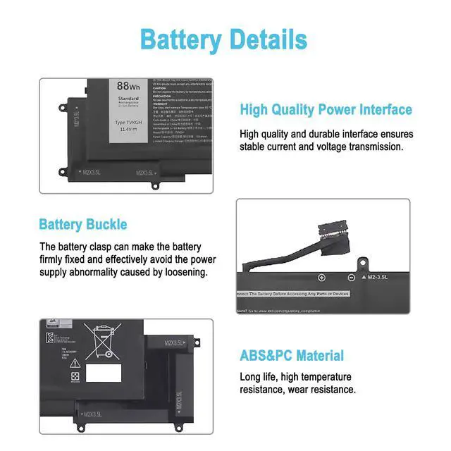 Alt view image 4 of 7 - 88Wh TVKGH Replacement Laptop Battery for Dell Latitude 9510 9520 Latitude 9520 2-in-1 Series Notebook N7HT0 N7HTO V5K68 N2NLL 0HYMNG 089GNG 0PKW00 11.4V 7334mAh 6-Cell