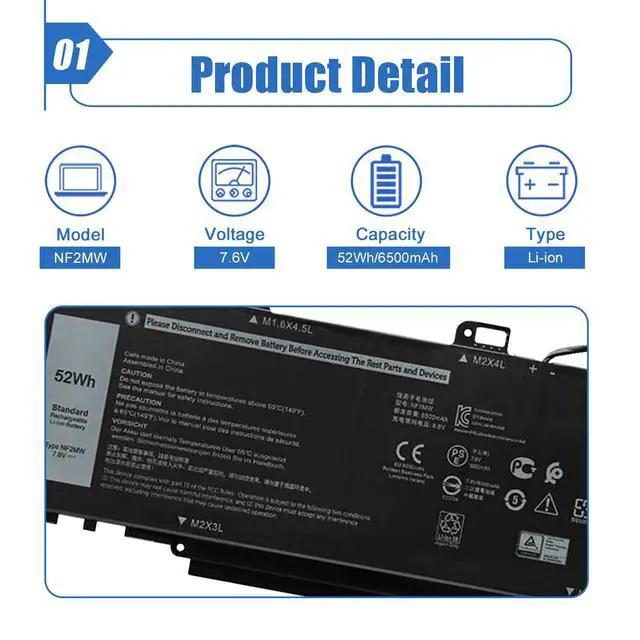 Alt view image 2 of 6 - 52Wh NF2MW Laptop Battery Replacement for Dell Latitude 7400 2-in-1 Latitude 14 9410 2-in-1 Series 085XM8 08W3YY C76H7 0C76H7 7146W G8F6M 0G8F6M 02K0CK DJ5GG P110G P110G001 7.6V 6500mAh