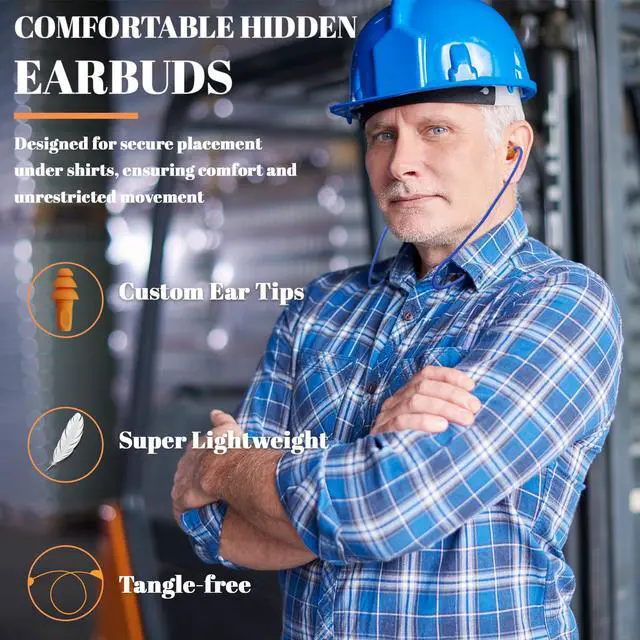 Alt view image 3 of 6 - Bluetooth Earplug Headphones, Neckband Wireless Work Earbuds, Noise Reduction Ear Plugs with 20 Hour Battery, Sweatproof in-Ear Earphones with Mic and Controls, for Work Construction Safety