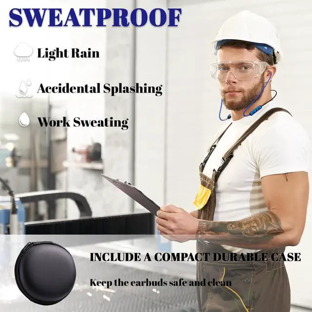 Alt view image 4 of 6 - Bluetooth Earplug Headphones, Neckband Wireless Work Earbuds, Noise Reduction Ear Plugs with 20 Hour Battery, Sweatproof in-Ear Earphones with Mic and Controls, for Work Construction Safety